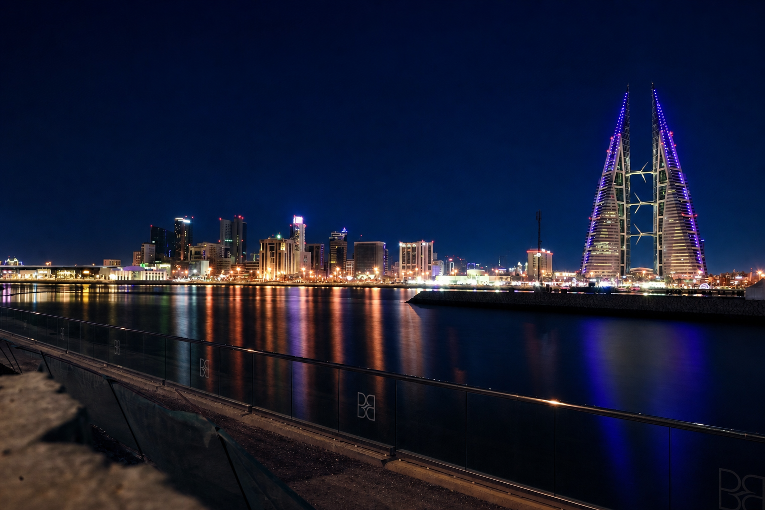 Manama skyline and Bahrain World Trade Center at night